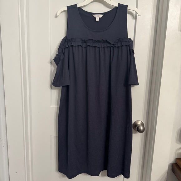 LC Lauren Conrad Ruffle Cold-Shoulder Dress Navy Blue XL Off Shoulder Knee Offic - Picture 1 of 11